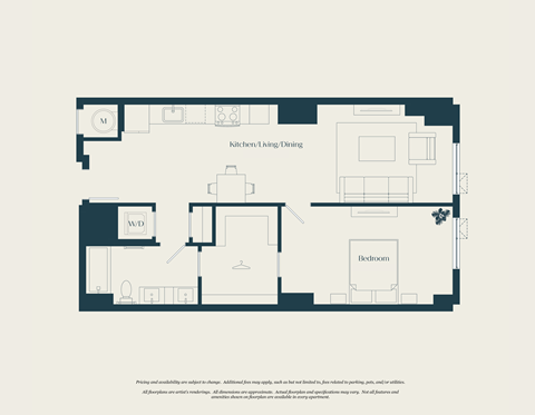 Floor plan for 1 bed, 1 bath, 812 sqft